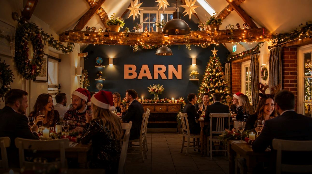 Fireside seating decorated for Christmas in a countryside pub