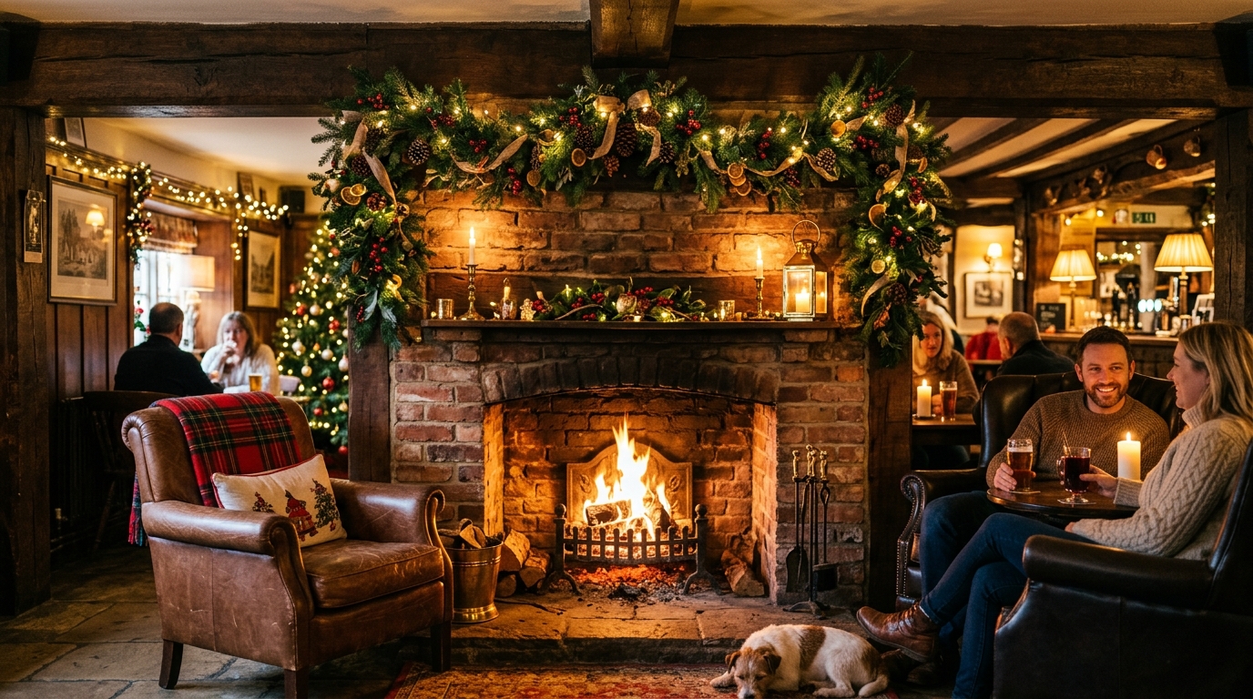 Fireside at The Seven Stars decorated for Christmas