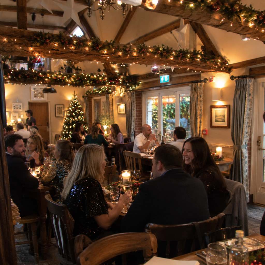 Friends toasting at a Christmas party in the pub